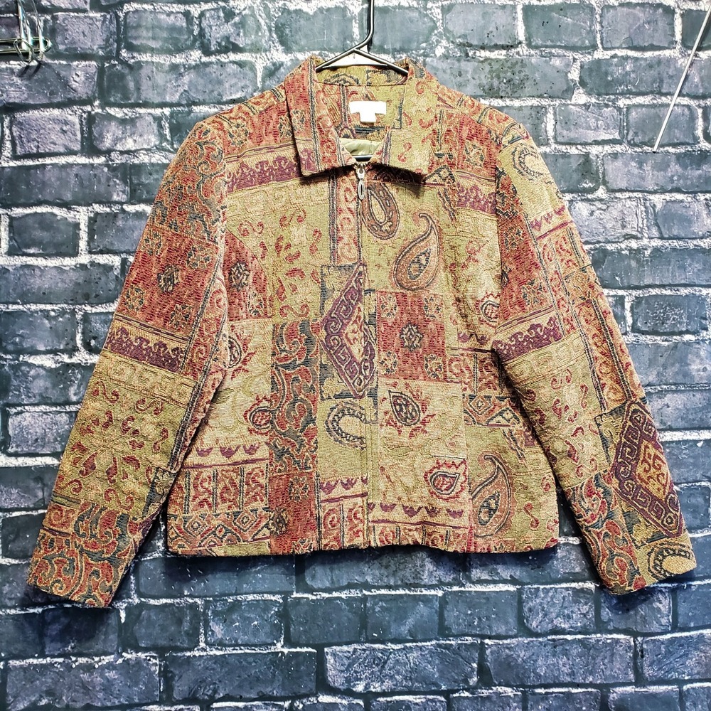 Christopher & Banks Jacket Womens Large Red Beige Paisley Tapestry Full Zip